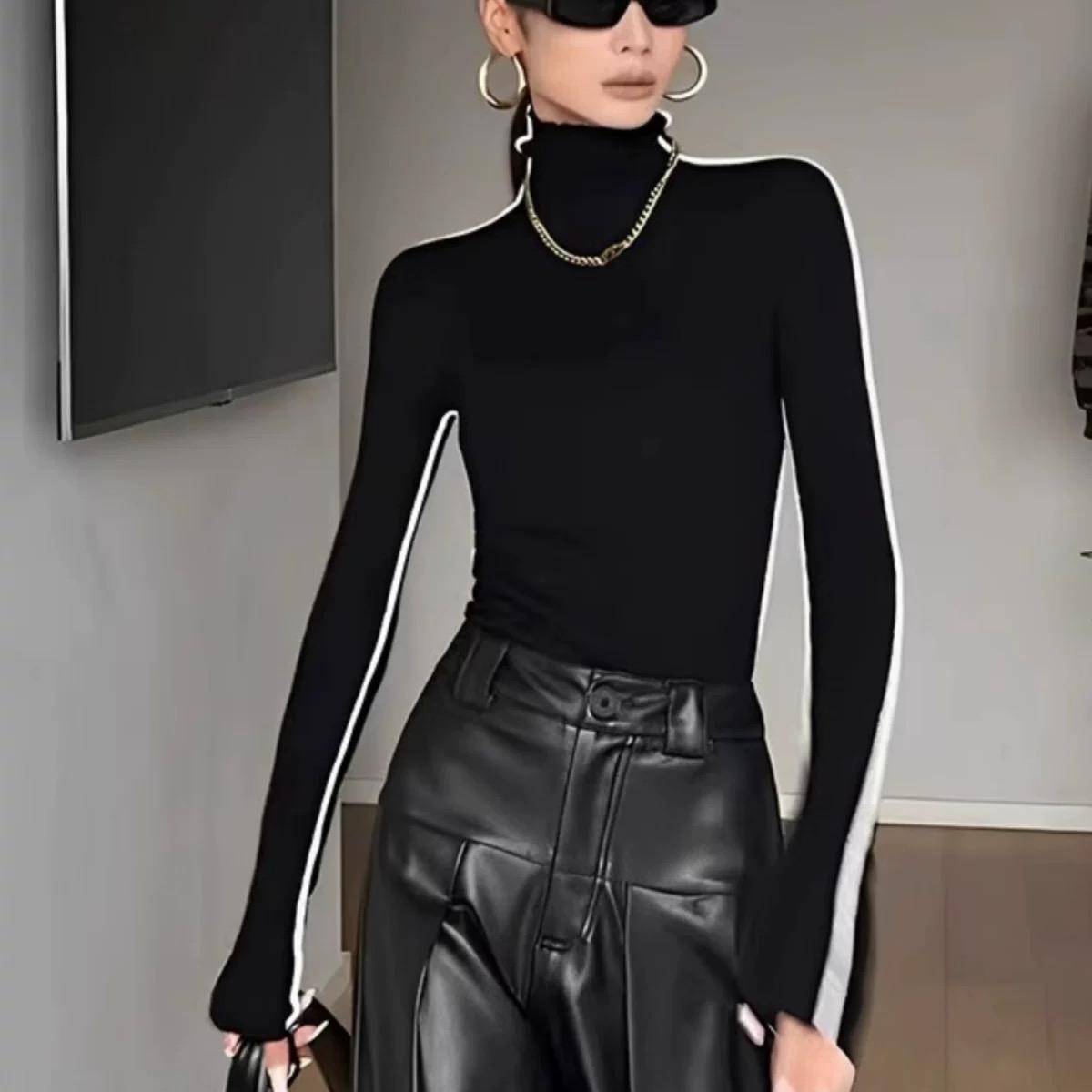 针织高领内搭黑色撞色毛衣上衣