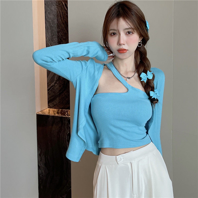 2025春秋新款大码胖MM小披肩开衫外套+斜肩修身吊带套装两件套女