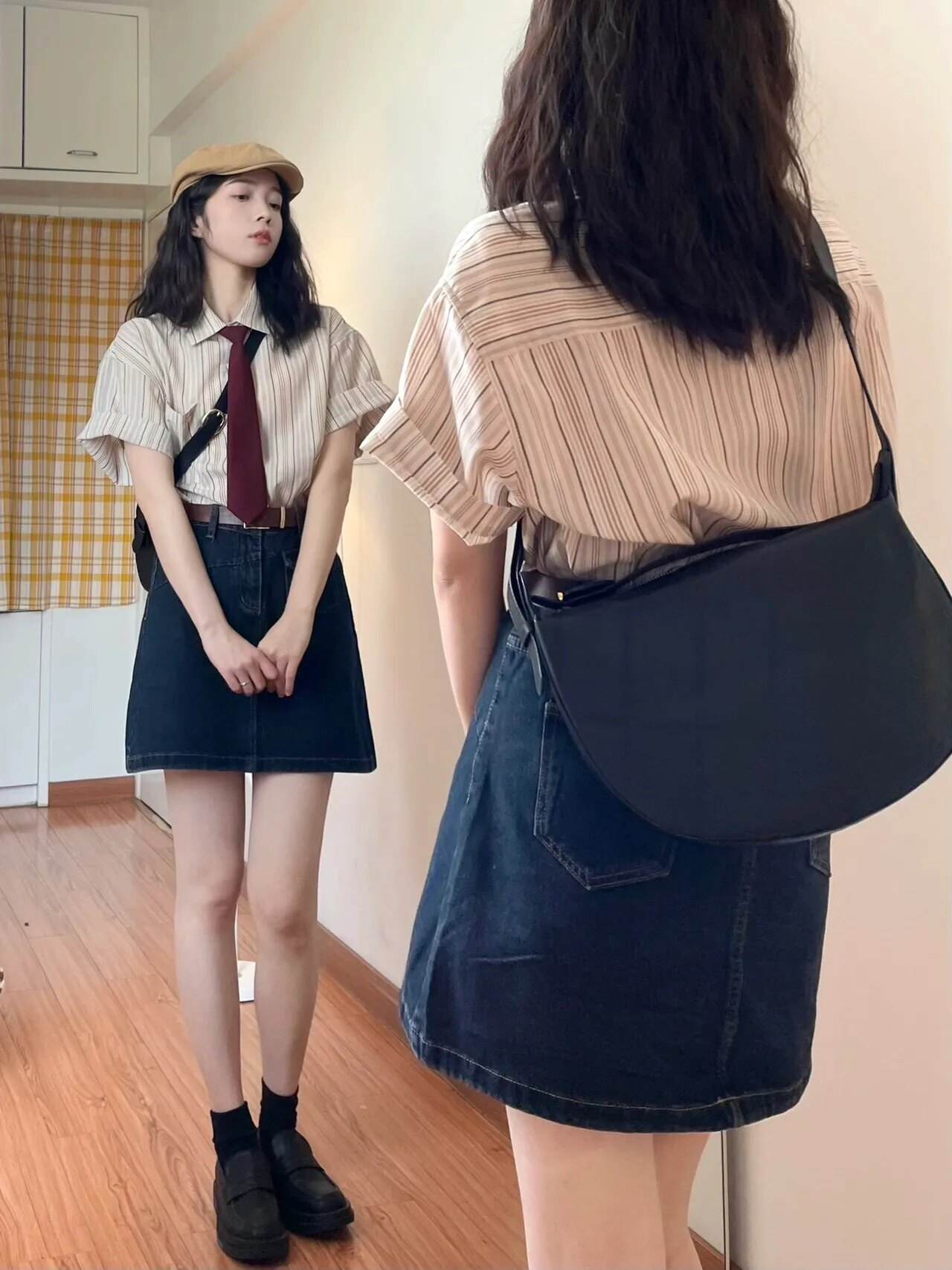 大码胖妹妹复古港风短袖条纹衬衫+夏季新款显瘦高腰牛仔半身裙女