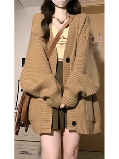 复古V领针织开衫 新款 美式 秋冬季 上衣女外套女 大码 慵懒风毛衣长袖