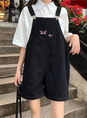 大码胖妹妹刺绣牛仔背带裤短裤