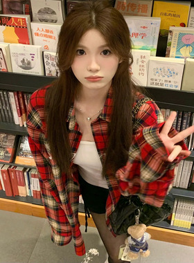 美式复古红色格子衬衫外套女春秋季大码宽松百搭防晒衬衣叠穿上衣
