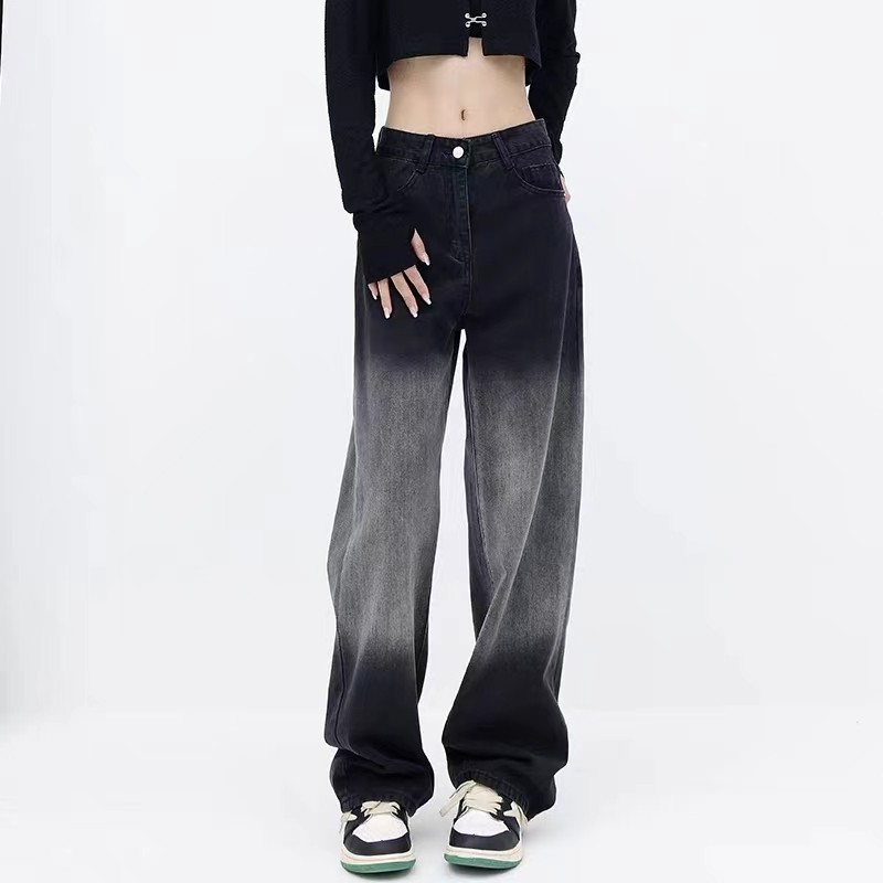 梨形身材黑色渐变牛仔裤女春秋冬大码胖妹妹高腰显瘦直筒阔腿长裤