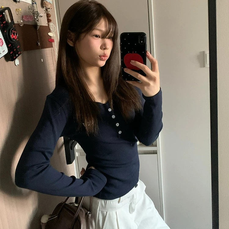 正肩v领长袖t恤女内搭修身打底衫