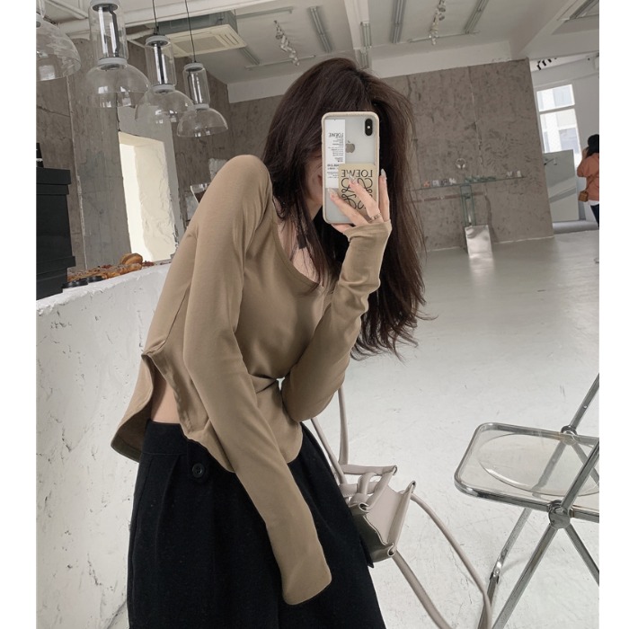 U领设计感小众长袖T恤女装春秋新款大码胖mm辣妹不规则打底衫上衣