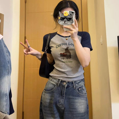 短袖正肩显瘦撞色女短款体恤上衣