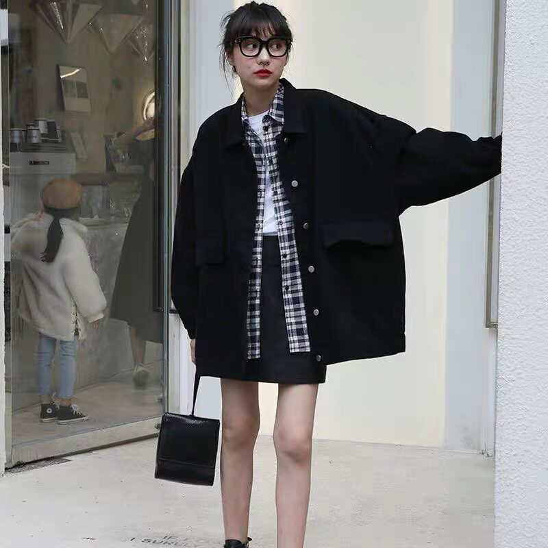 大码复古黑色工装牛仔外套女秋季宽松显瘦百搭原宿风长袖夹克上衣
