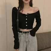 上衣女春夏韩版 大码 胖mm小心机长袖 气质一字领露肩显瘦纯色T恤潮