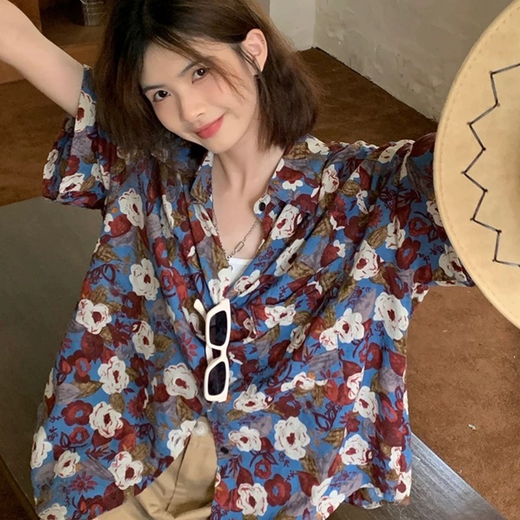碎花短袖衬衫女夏威夷风衬衣上衣