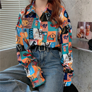 宽松百搭长袖 女复古港味外穿2025春秋韩版 上衣潮 胖mm印花衬衫 大码