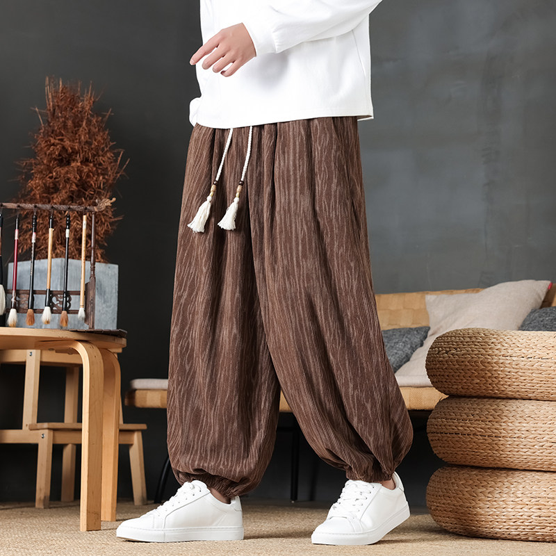 2025秋冬新款宽松大码灯芯绒印花条纹大脚灯笼裤休闲束脚裤长裤
