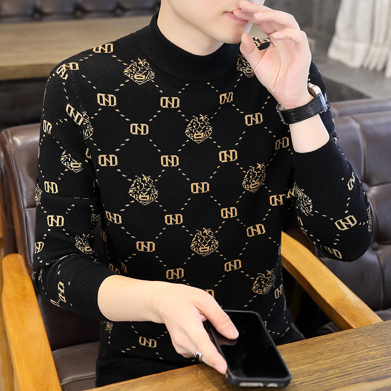 秋冬新款半高领格子毛衣男秋冬款韩版潮流印花修身羊绒针织打底衫