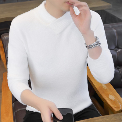 冬季水貂绒V领白色毛衣男士潮流加厚保暖打底衫假两件针织羊毛衫