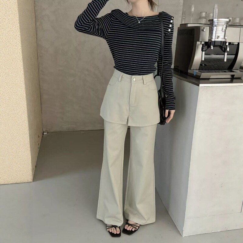 米色屁帘裤女2026春季新款宽松百搭显瘦水洗假两件微喇裤休闲长裤