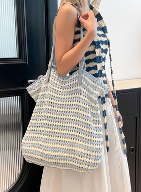 蓝色条纹慵懒风松弛感包包编织包女款2025新款潮百搭大包托特包