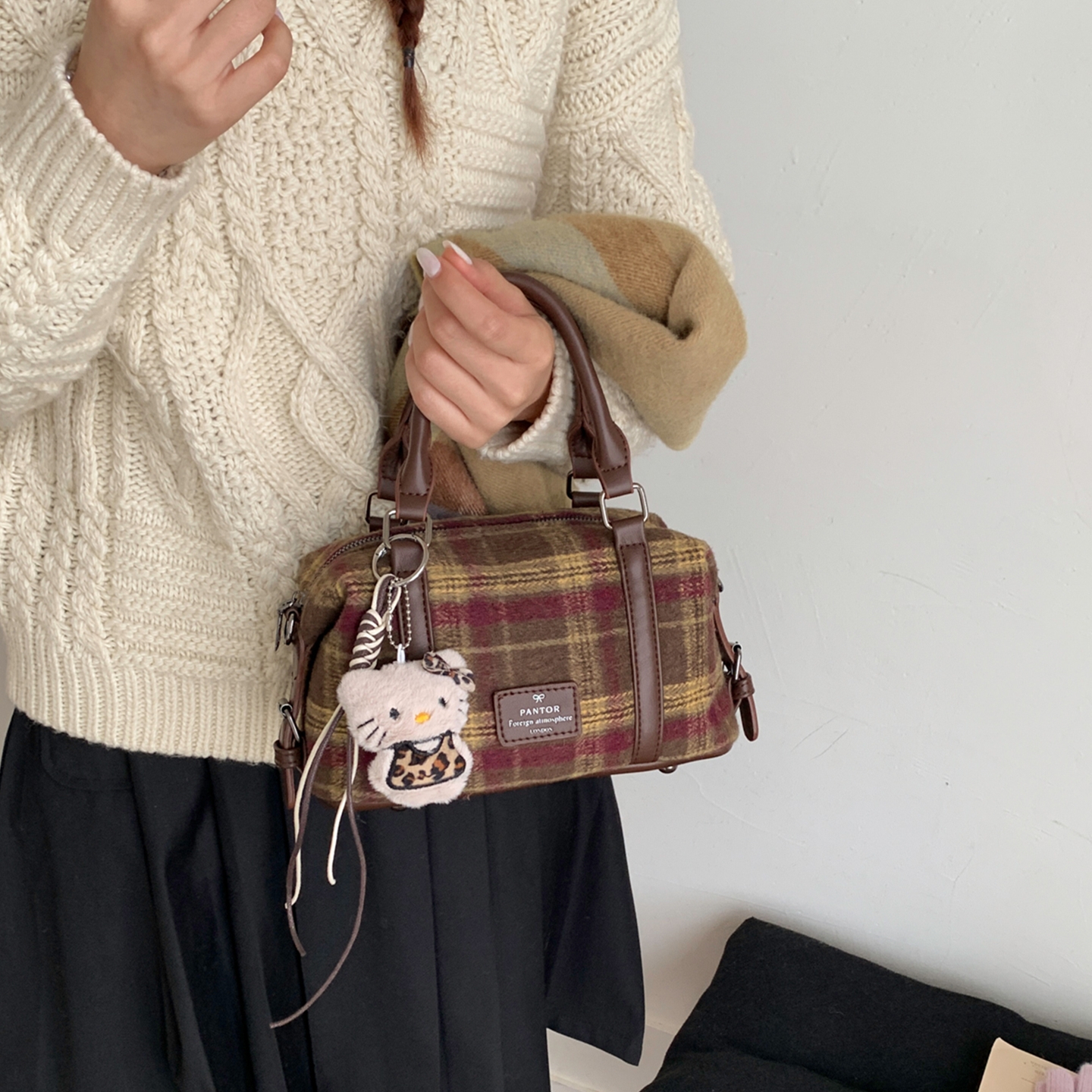 洋气甜美格纹手拎斜挎包波士顿包