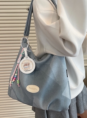 蓝色大容量褶皱慵懒风松弛感包包斜挎大包托特包女款2025新款百搭