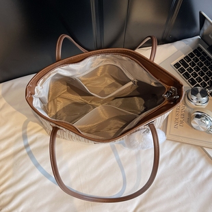 【有拉链暗袋】大容量条纹上班通勤包大包2025新款潮百搭托特包