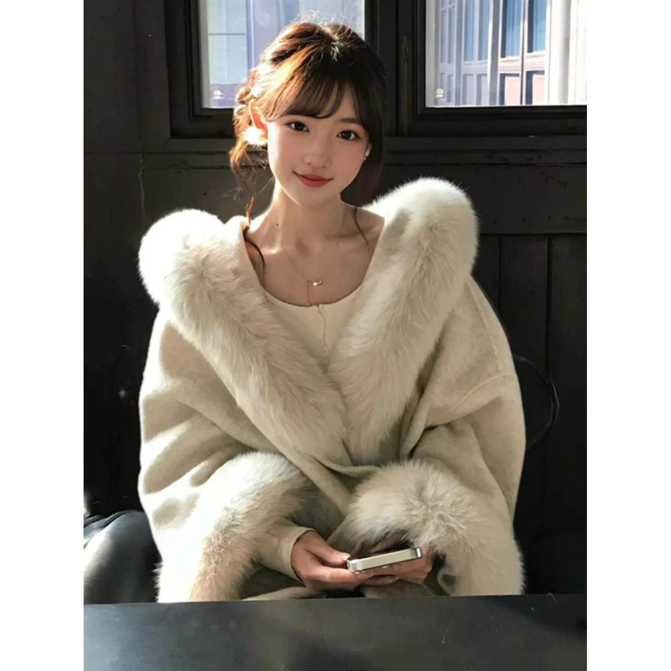 毛茸茸呢子大衣女秋冬留洋千金高毛呢外套