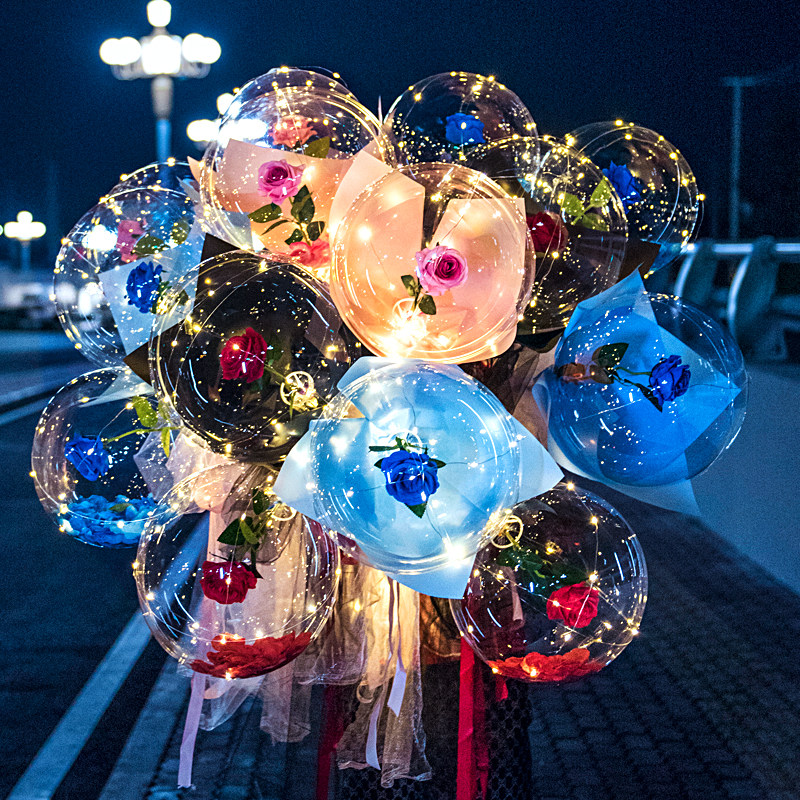 网红玫瑰花波波球发光透明带灯花束材料七夕情人节夜市摆摊气球