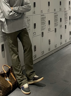 A Help军绿色水洗复古vibe拉链微喇裤子 ins宽松堆积工装休闲长裤