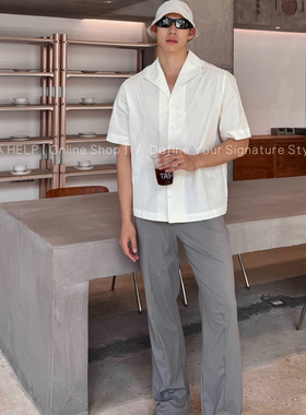 AHELP男士高端老钱百搭短袖泡泡纱定制白色衬衫小众翻领宽松上衣