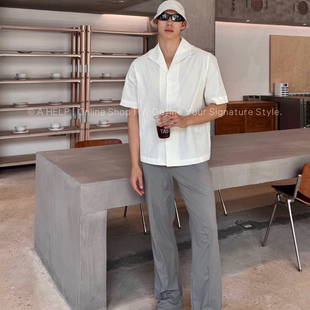 AHELP男士高端老钱百搭短袖泡泡纱定制白色衬衫小众翻领宽松上衣