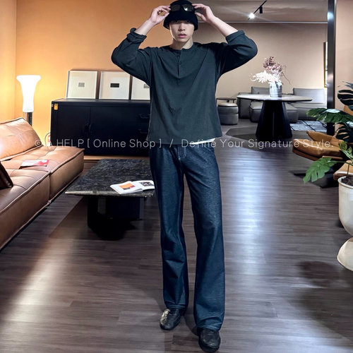 小众设计宽松休闲亨利领长袖T恤