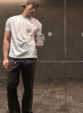 AHelp咖啡色2.0独立剪裁拼接工装裤直筒微喇cleanfit休闲堆积长裤