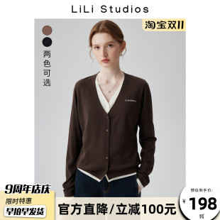 时髦入秋设计感撞色显瘦开衫 T恤女 拼色百搭上衣假两件毛针织长袖