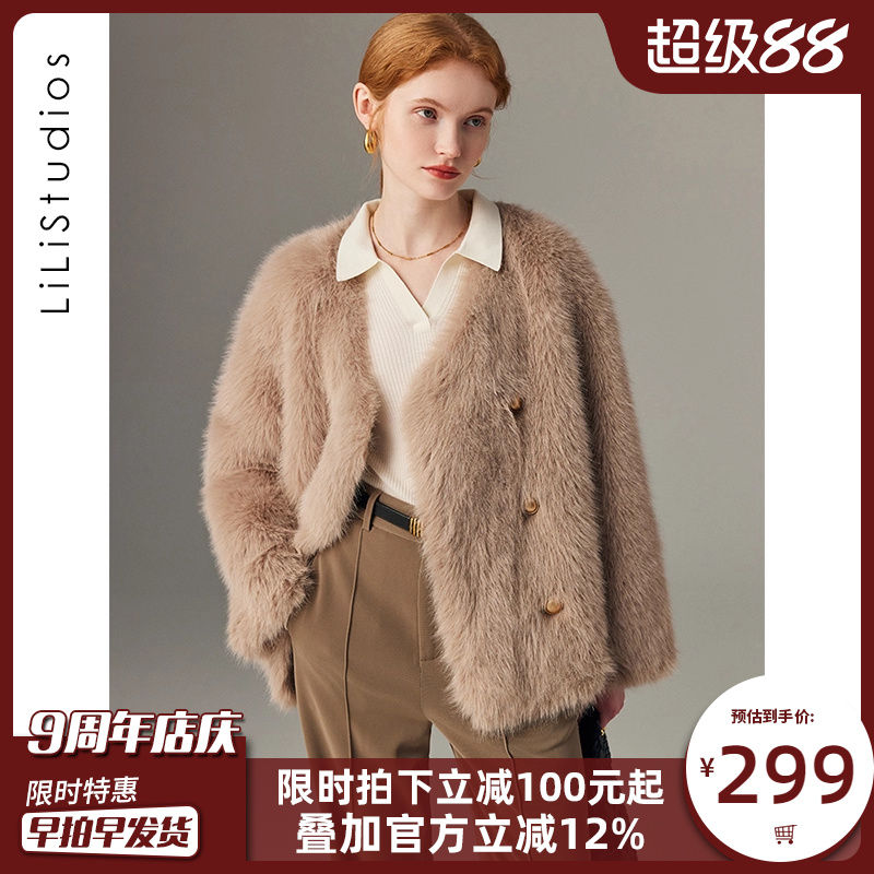 海宁狐狸毛环保皮草外套女双排扣