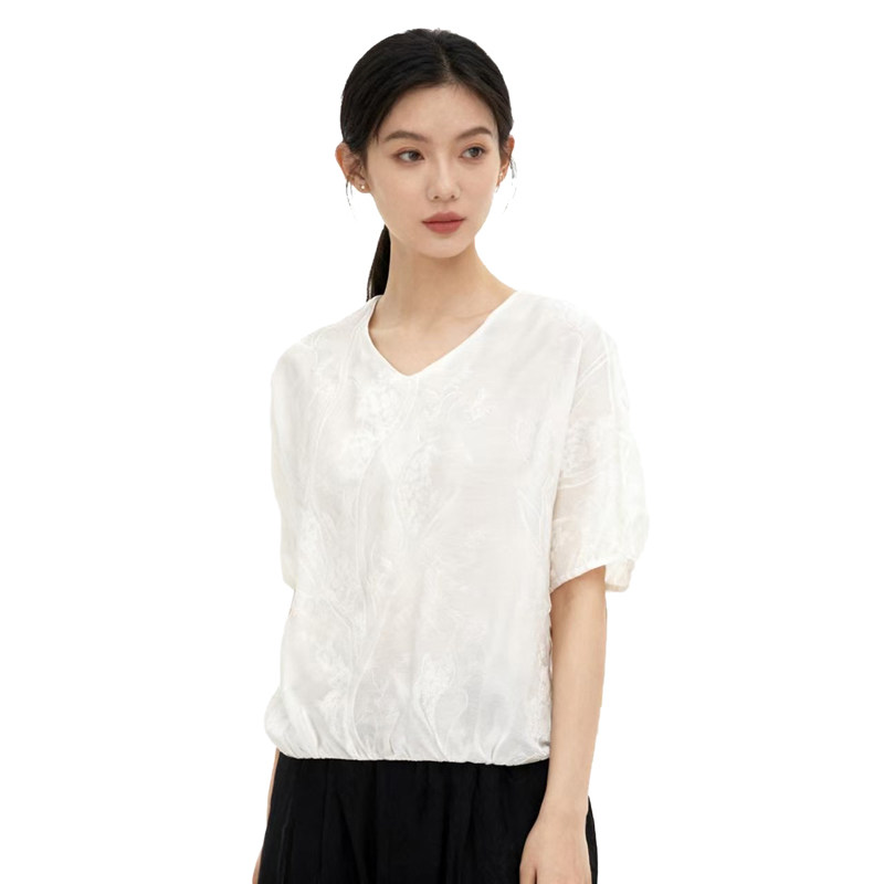 【D玛纳】法式气质小衫V领提花设计简约休闲舒适透气短袖DMA867