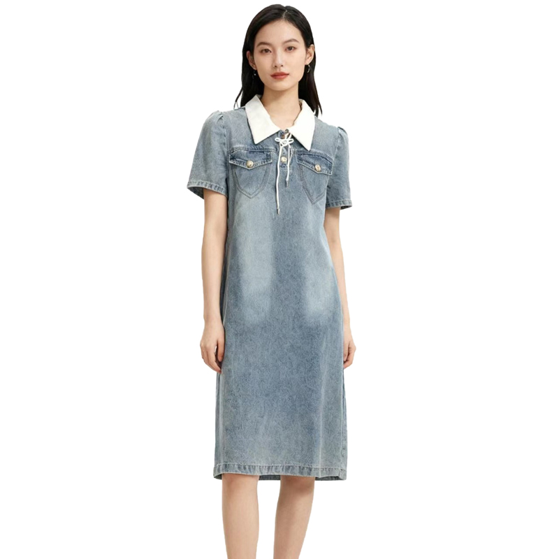 【D玛纳】撞色直筒短袖连衣裙复古牛仔简约优雅气质时尚DMA402