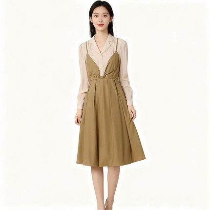 【恋】淑女连衣裙复古翻领拼接撞色中长款气质优雅修身显瘦YL1049