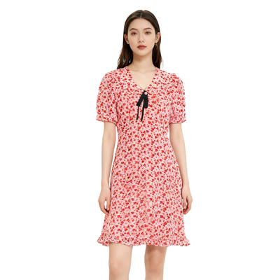 【恋】淑女泡泡短袖连衣裙V领印花中长款气质优雅修身显瘦YL1026