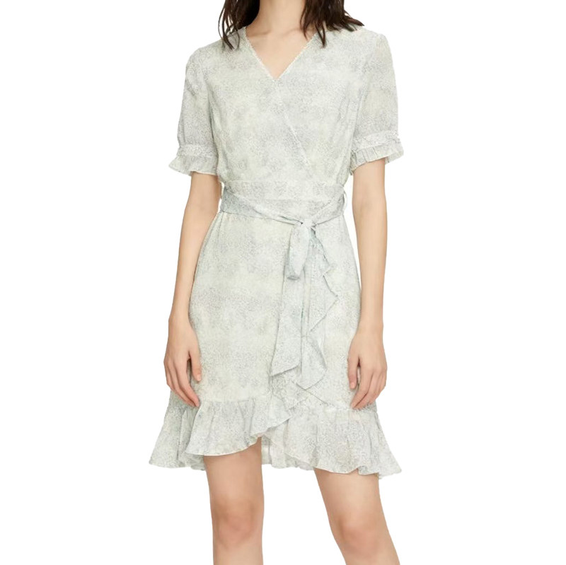 【恋】淑女短袖连衣裙V领印花荷叶下摆设计感气质修身显瘦YL986