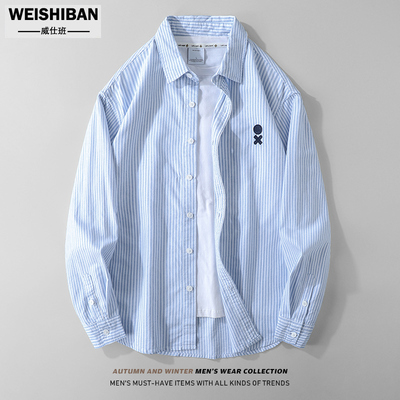 翻领美式休闲刺绣点缀长袖衬衫潮