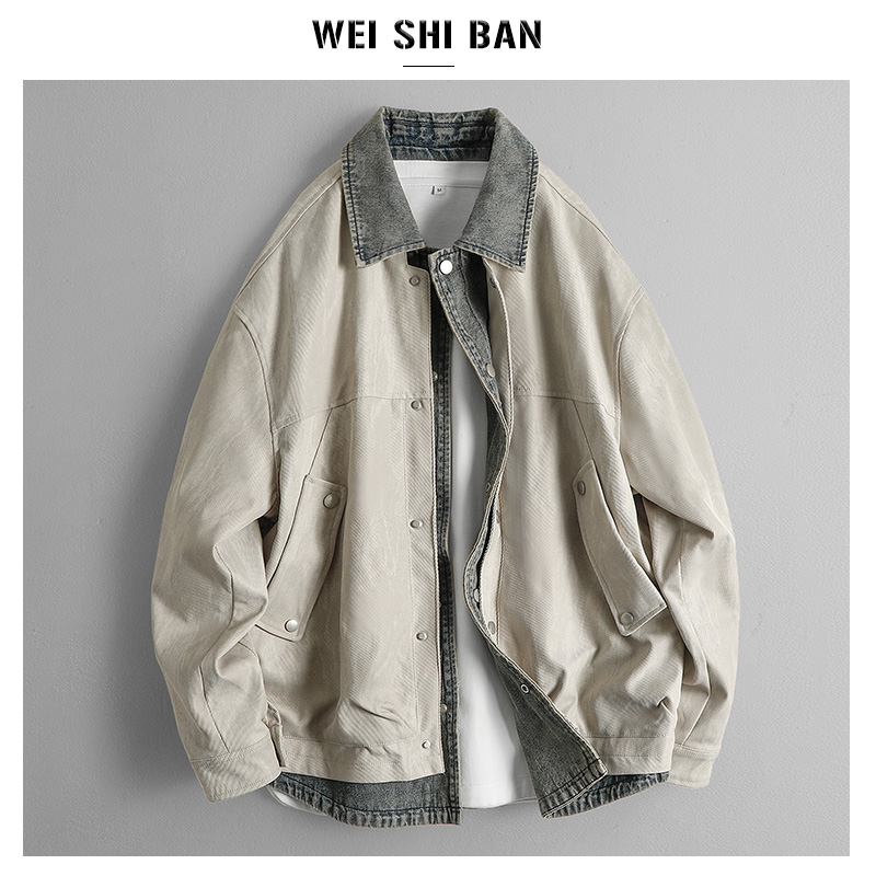 高级感假两件牛仔拼接时髦夹克男