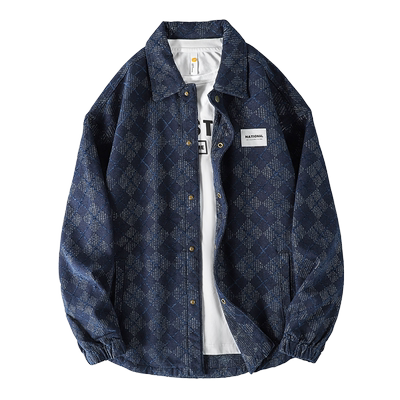 翻领长袖美式休闲菱形提花衬衫潮