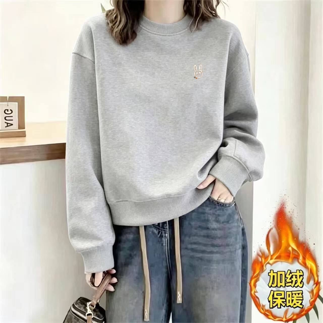 美式圆领加绒加厚宽松卫衣女
