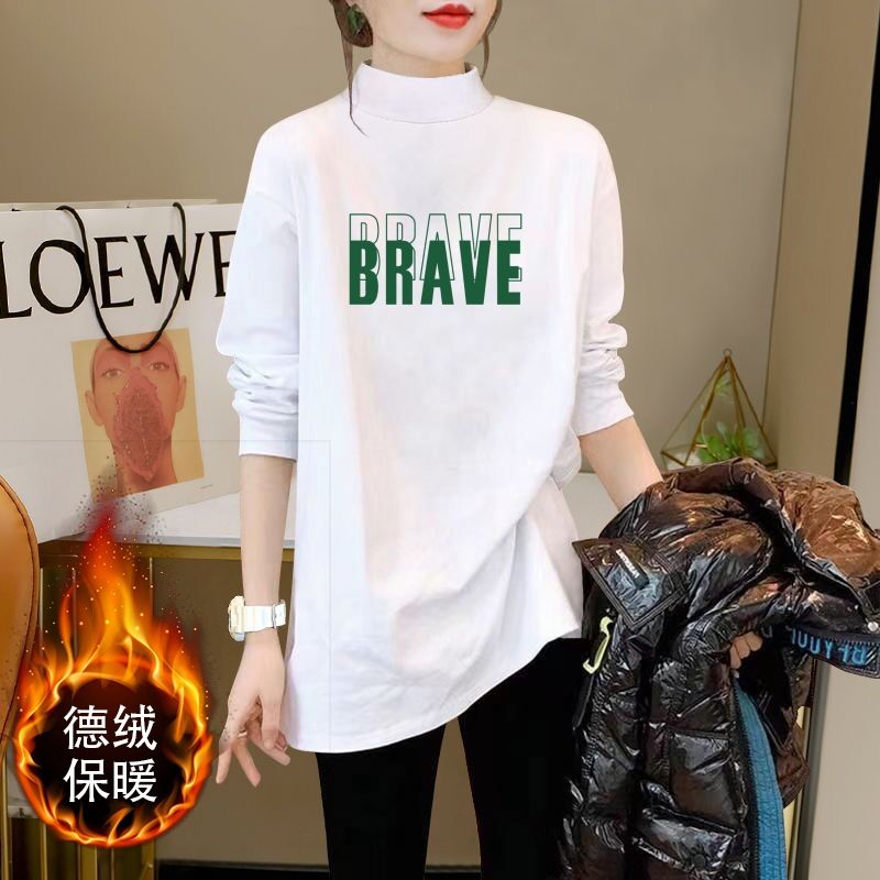德绒半高领打底衫女秋冬加绒卫衣内搭中长款T恤鲨鱼裤搭配的上衣