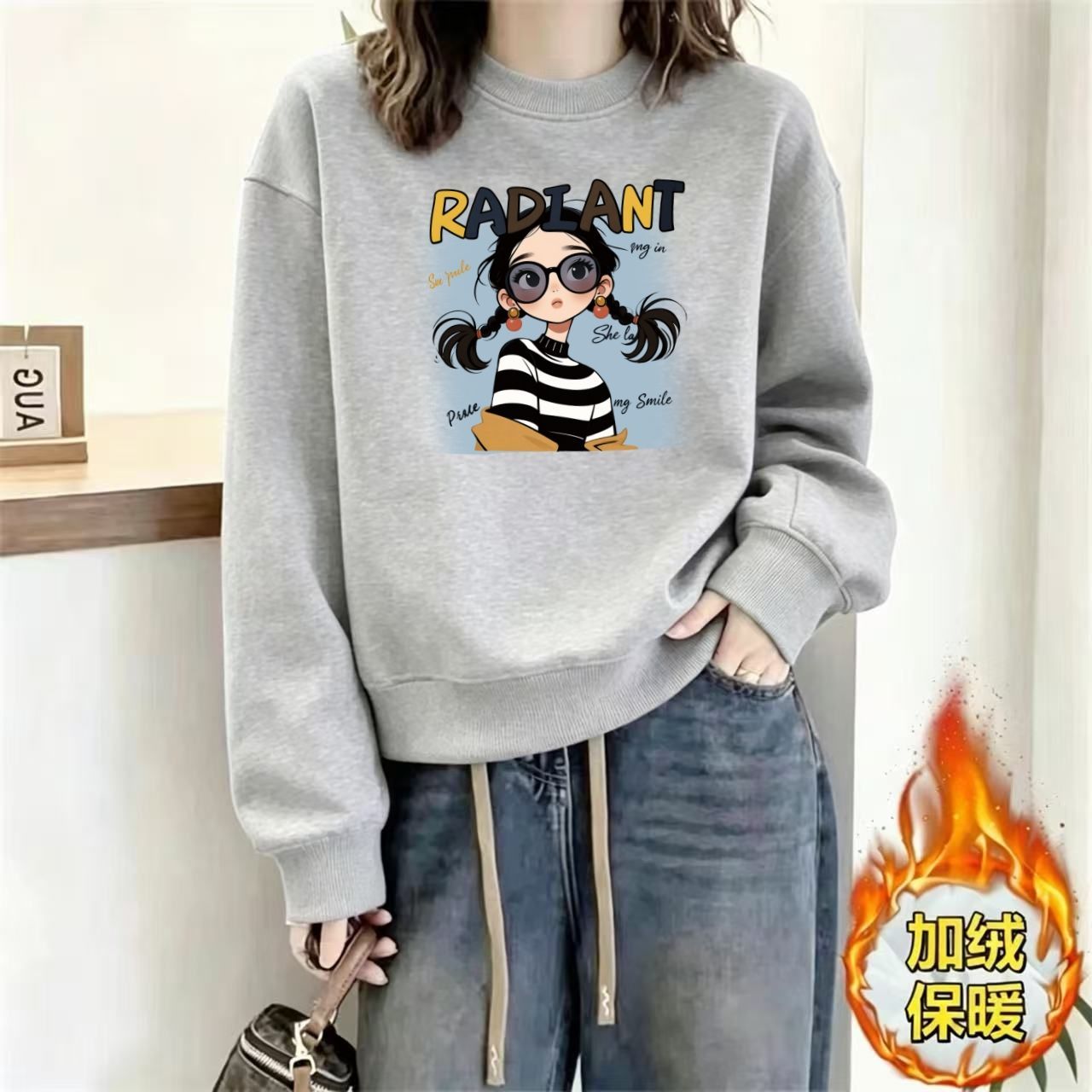 秋冬加绒加厚无帽宽松卫衣女