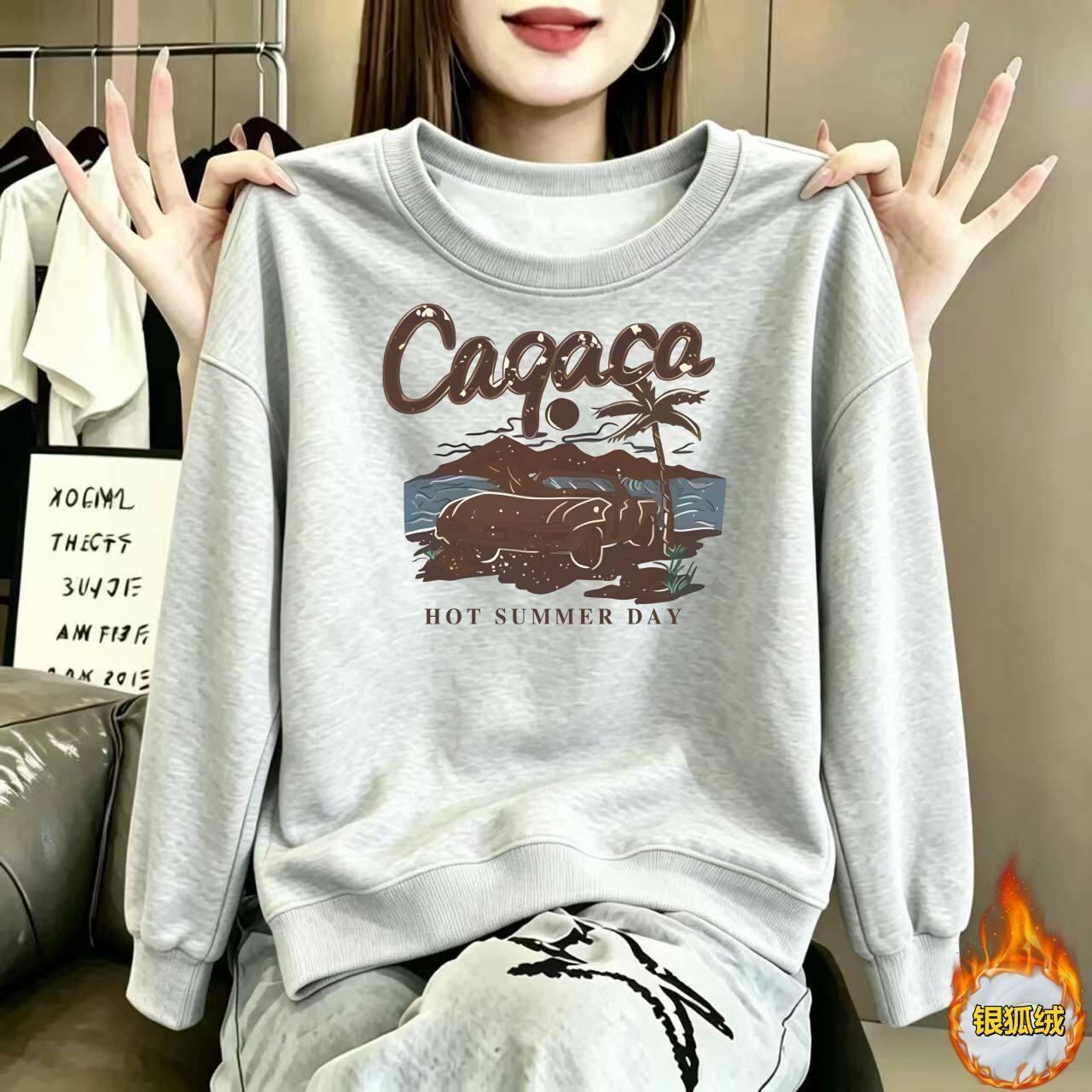 秋冬银狐绒加厚女卫衣宽松显瘦