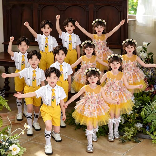 六一儿童演出服女童黄色亮片公主蓬蓬舞蹈纱裙幼儿园表演服合唱服