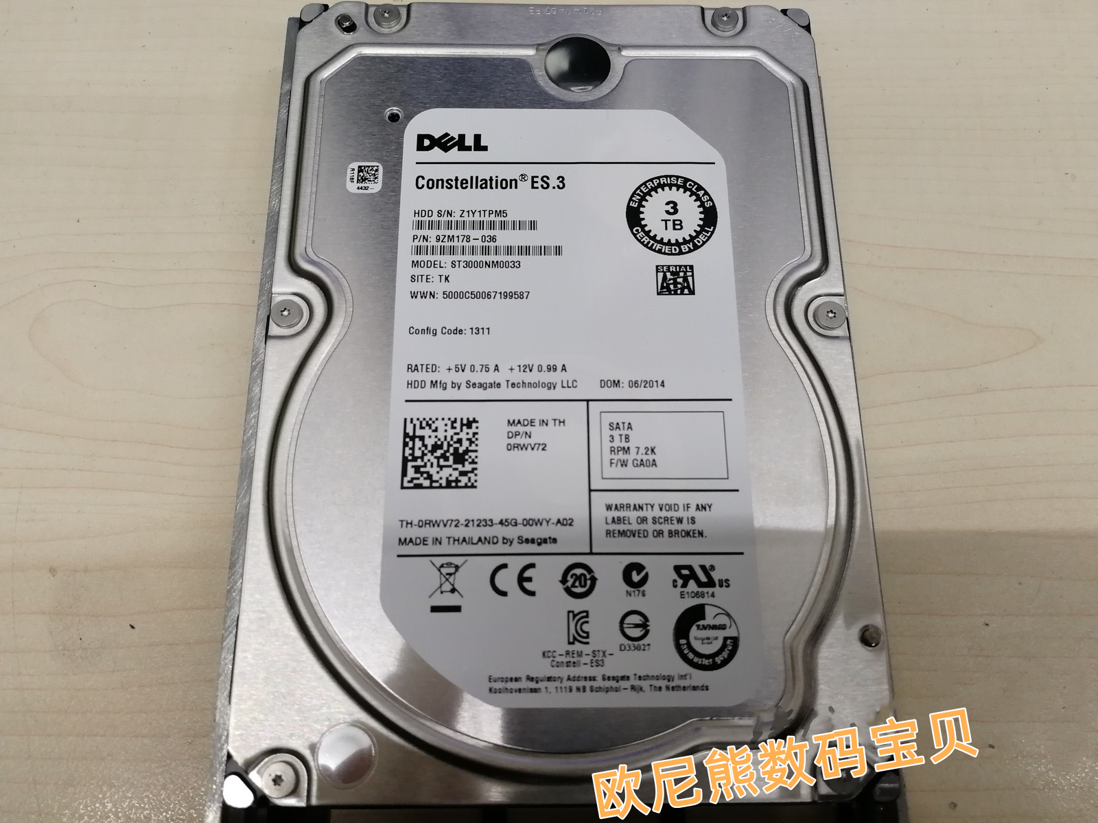 原装 DELL 3T 7.2K 3.5寸 SATA 0RWV72 ST3000NM0033 服务器硬盘