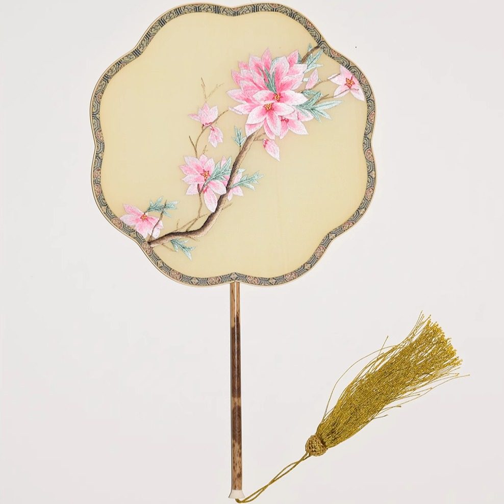 苏绣diy异形团扇 竹柄宫扇套件初学 双面绣桃花 高档礼品可配锦盒