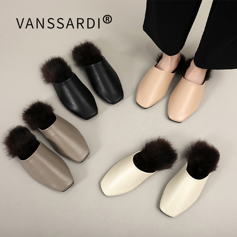 梵萨蒂百搭轻奢毛慵懒羊皮半拖鞋