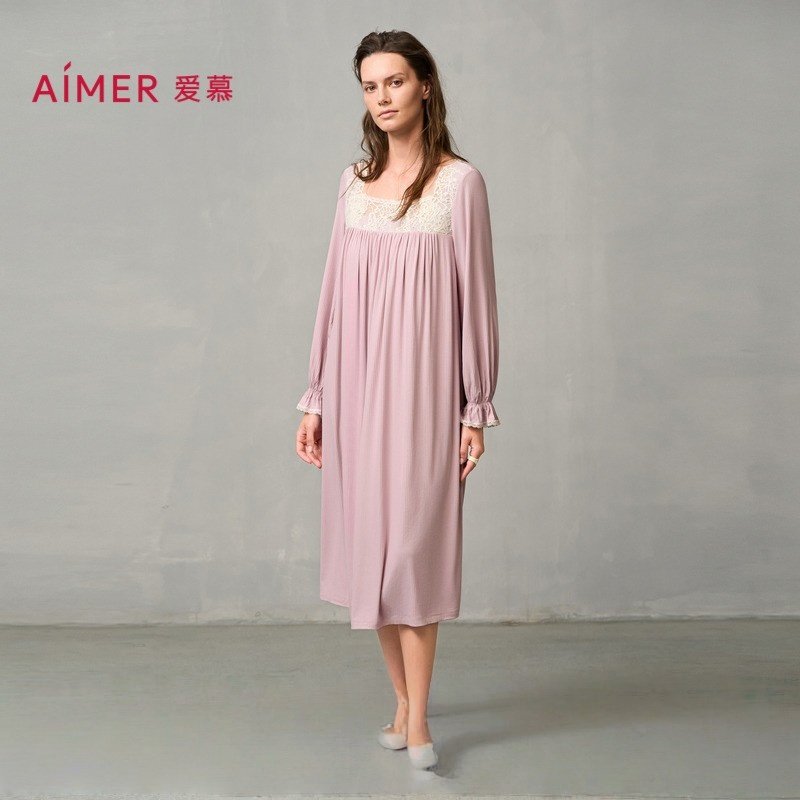 正品爱慕睡美人睡衣女长袖带胸垫不凸点莫代尔家居服睡裙AM44A111