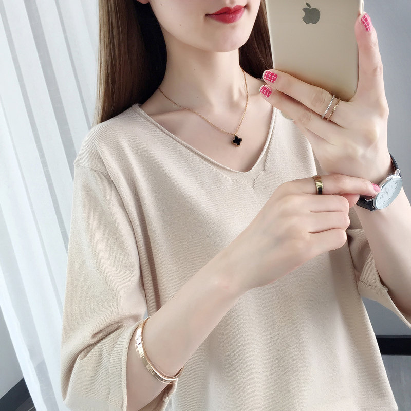 纯色V领七分袖针织衫薄款2020春夏新款外穿宽松中袖女T恤百搭上衣