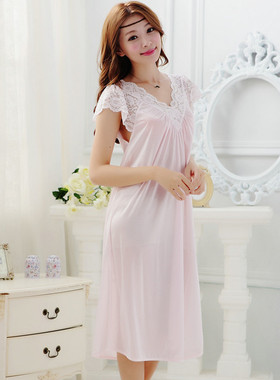 新款春夏季女士丝绸睡衣V领吊带性感冰丝睡裙蕾丝公主宫廷家居服